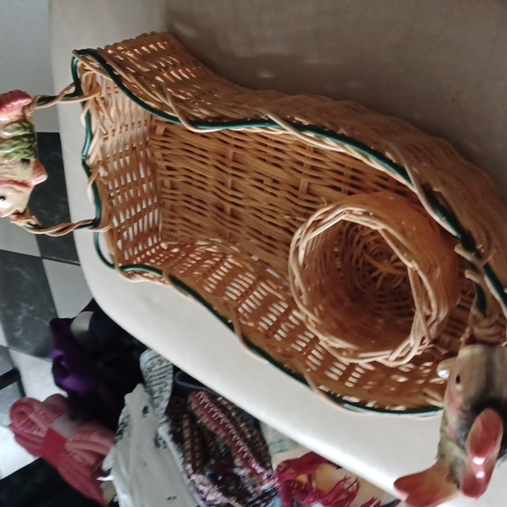 Chip and Dip Wicker Basket w/ ceramic Fish Handles, 17” long
